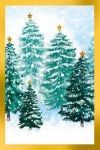 Открытка Зима - время чудес, Заснеженные ёлки со звездочками, Блестки термо, деталь снаружи, фольга холодная #нг