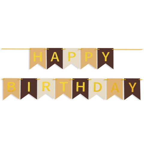 Гирлянда Флажки, Happy Birthday, Бежевый микс/Золото, Металлик