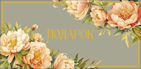 Конверт для денег Подарок, Серый фон, розовые пионы, фольга