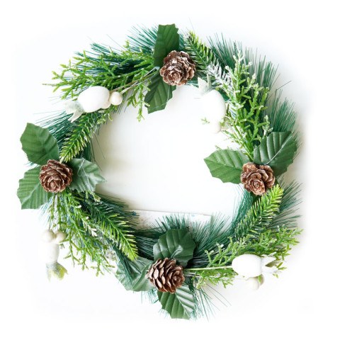 Новогодний венок с декором Белые ягоды и шишки золото