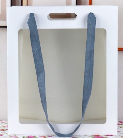 Пакет для цветов и подарков, Прозрачное окно, Белый с ручками