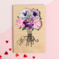 Деревянная открытка "С Днём Рождения!" букет цветов