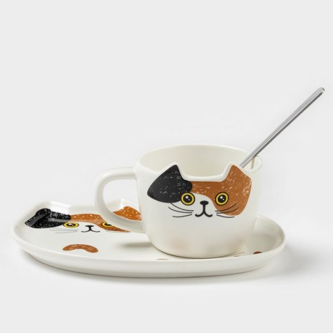 Чайная пара «Котик», керамика, белая Чайная пара «Котик», керамика, белая
