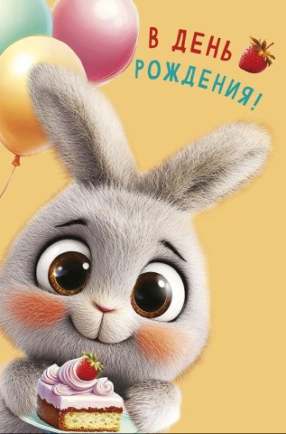 Открытка В День Рождения! Зайка с тортиком, конгрев, лак выборочный, печать на обороте