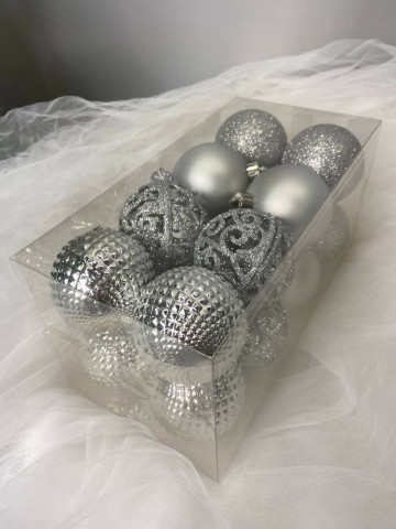 Набор новогодних елочных шаров Серебро, большой набор 4 дизайна
