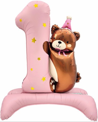 Цифра 1 Годик, Мишка в колпачке, Розовый, Сатин