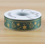 Лента репсовая Темно-зеленая Золотые ёлки и снежинки