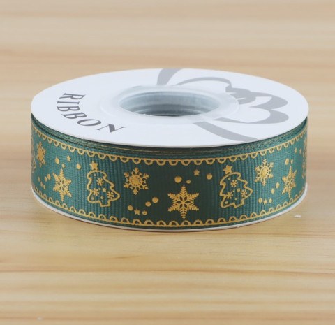Лента репсовая Темно-зеленая Золотые ёлки и снежинки