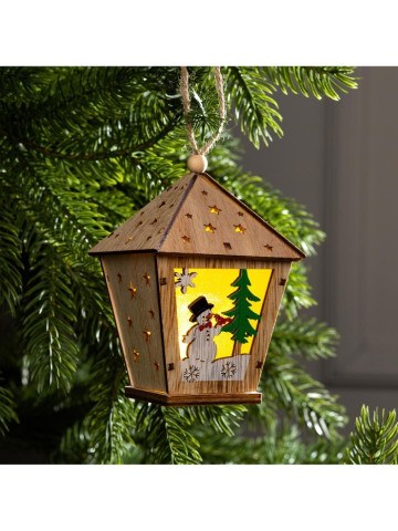 Ёлочная игрушка «Фонарь со снеговиком», от батареек, свечение тёплое белое