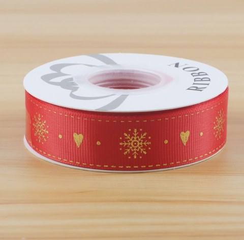 Лента репсовая Красная, Золотые Снежинки и сердечки