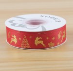 Лента репсовая Красная, Золотые Олени и ёлки