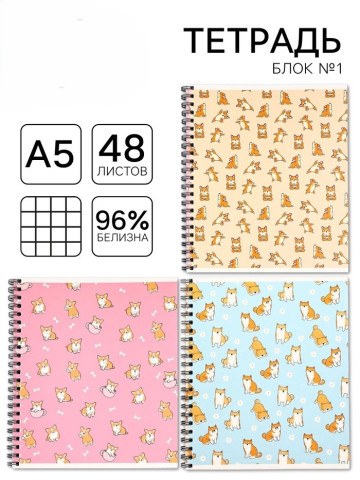Тетрадь в клетку на спирали, 48 л., «Корги» МИКС