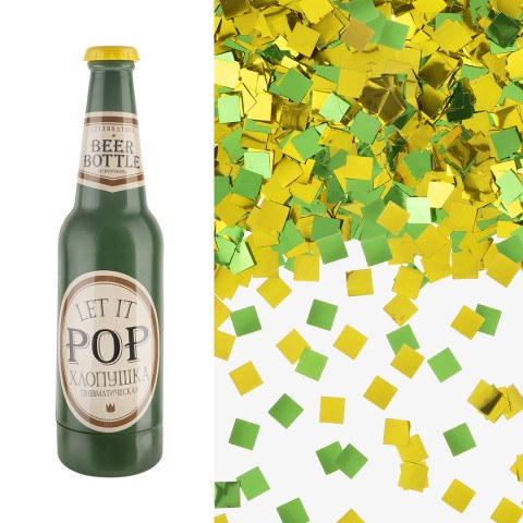 Пневмохлопушка Бутылка Пиво, Квадраты фольга, Зеленый/Золото, Металлик