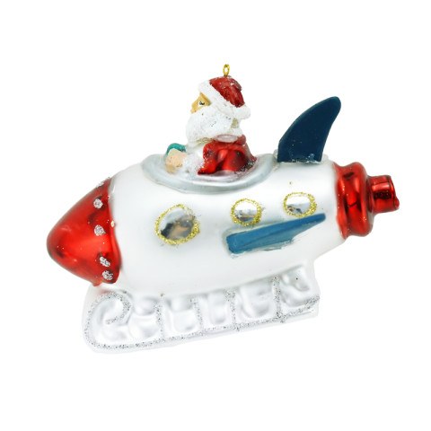 Елочная игрушка стеклянная Дед Мороз на ракете