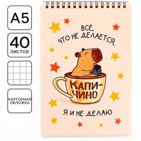 Блокнот А5, 40 л.. Обложка картон «Капибара» в стакане кофе