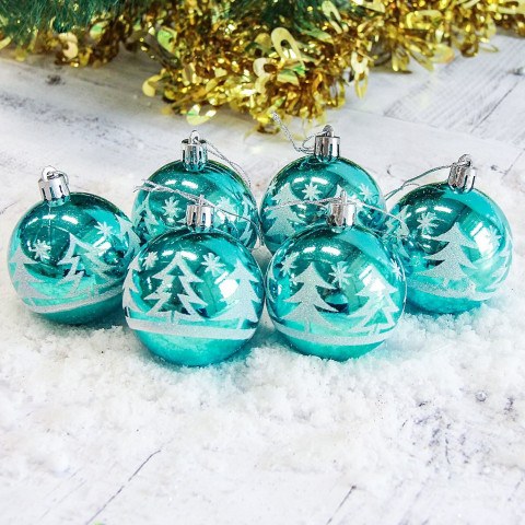Набор новогодних елочных шаров  "Ёлочки в лесу", бирюзовый