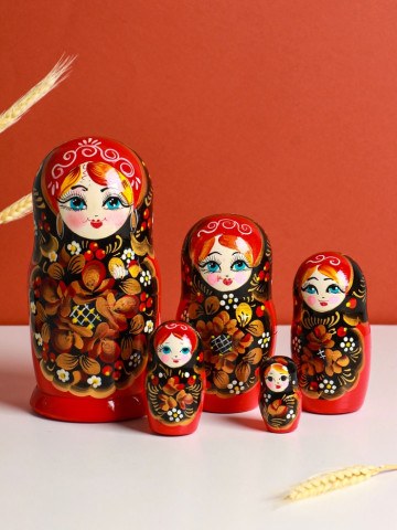 Матрёшка дерево «Рябинка», чёрный платок, набор из 5 штук