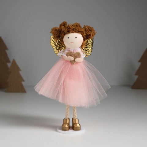 Интерьерная кукла текстильная «Ангелочек в розовом платье с крылышками и сердечком»