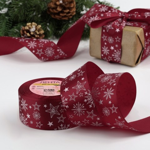 Лента атласная «Снежинки», красный/белый #нг