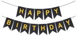 Гирлянда Флажки, Happy Birthday, Черный/Золото, Металлик