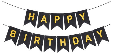 Гирлянда Флажки, Happy Birthday, Черный/Золото, Металлик