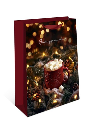 Пакет подарочный Время дарить тепло, кружка с маршмеллоу #нг