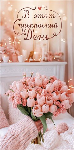 Конверт для денег В этот прекрасный день, блестки, Розовый букет на фоне нежного интерьера