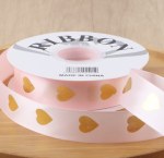 Лента атласная Розовая с золотыми сердцами