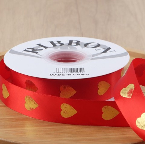 Лента атласная Красная с золотыми сердцами