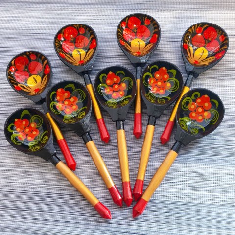 Аренда комплекта деревянных ложек (5 штук), ручная роспись Хохлома, Русский стиль