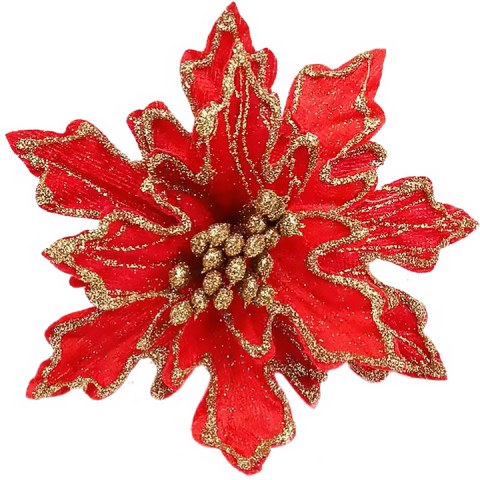 Цветок Пуансеттия, на клипсе, Красный/Золото, с блестками