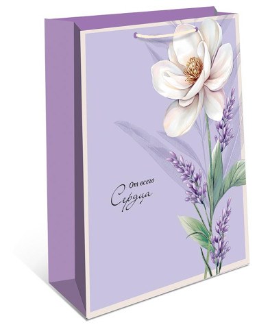 Пакет подарочный От всего сердца, сиреневый с белым цветком