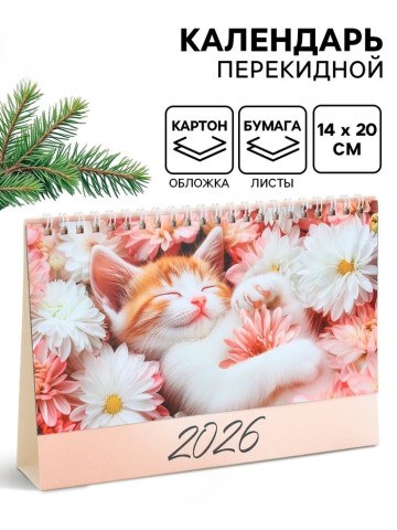 Календарь 2026 настольный, домик «Котенок в цветах»