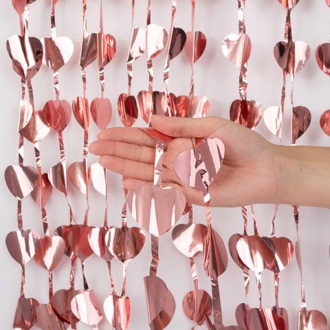 Занавес для фотозоны, дождик, Сердца Розовое Золото, Металлик