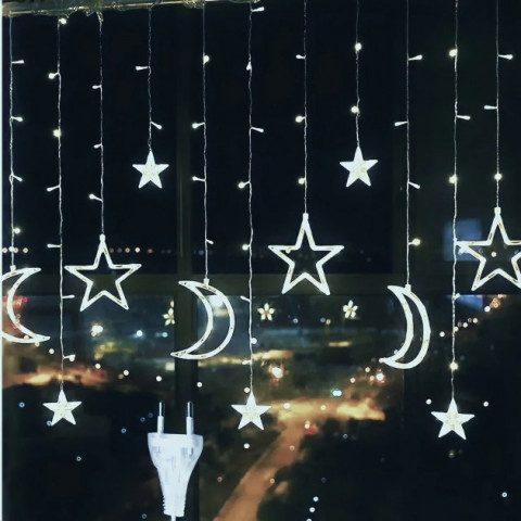 Новогодняя светодиодная гирлянда "Бахрома" звезды и полумесяцы, Белый цвет