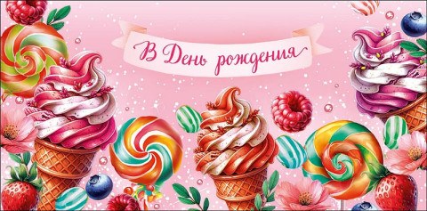 Конверт для денег В День Рождения, сладости акварель, вырубка