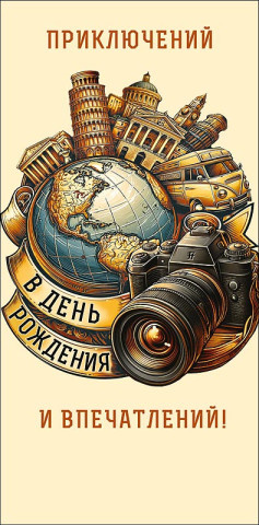 Конверт для денег Приключений и впечатлений, фотокамера, вырубка, лак выборочный