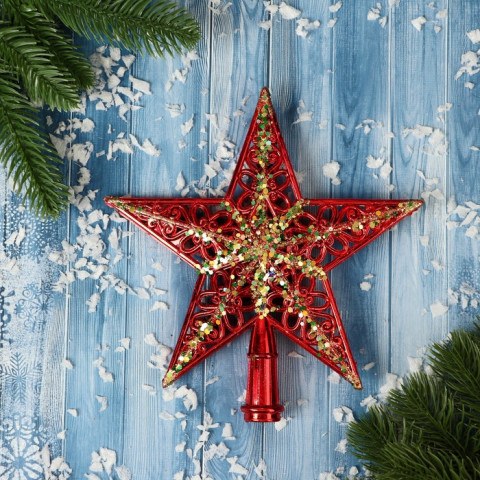 Звезда на ёлку (верхушка), узор полосы блеск, золотисто-красный