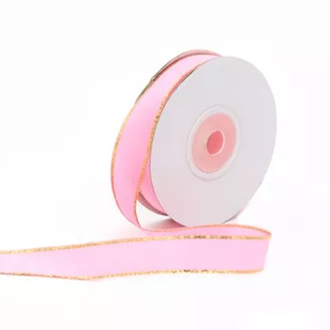 Лента атласная с золотой нитью Розовая пудра
