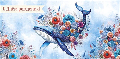 Конверт для денег С Днем Рождения Цветочный кит