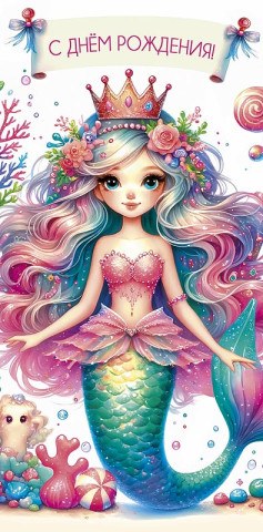 Конверт для денег С Днем Рождения! Русалочка, блестки