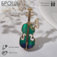 Брошь «Скрипка» с бабочкой, сине-зелёный в золоте, Слушай душу