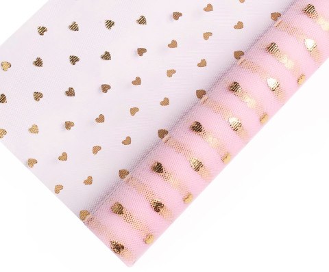 Фатин в рулоне Золотые сердечки, Розовый, Металлик