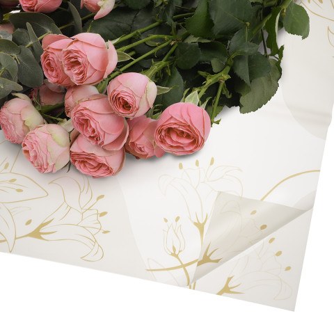 Упаковочная пленка 65мкр Золотые цветы, Белый