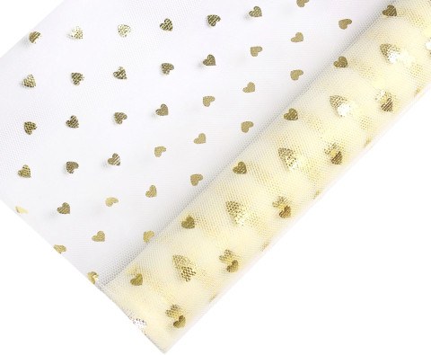 Фатин в рулоне Золотые сердечки, Кремовый, Металлик