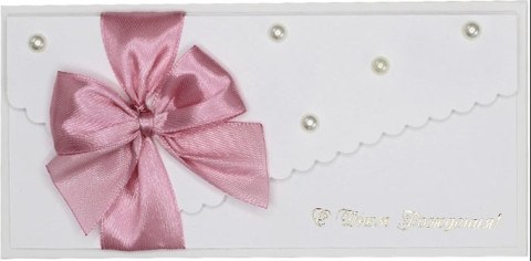 Конверт для денег 3D, С Днем Рождения! (розовый бант), Белый, Металлик, с блестками