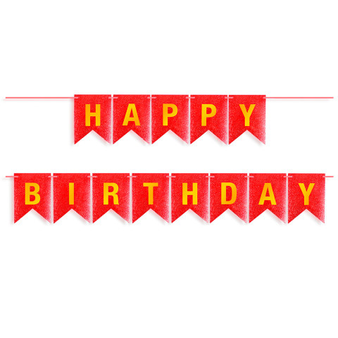 Гирлянда Флажки, Happy Birthday, Красный/Золото, Металлик, с блестками